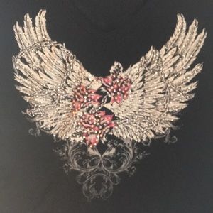 Liberty ware biker bling long sleeve V-neck T-shirt roses wings barbed wire